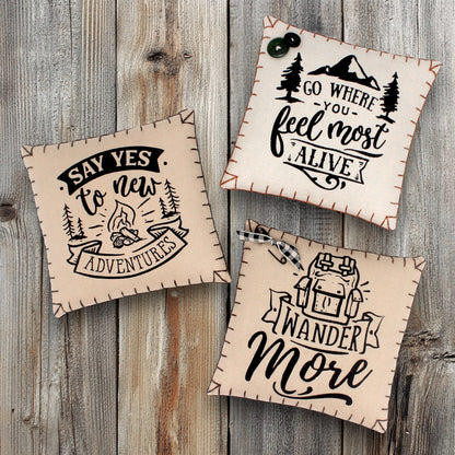 Three motivational pillows with scenic designs and text on a wooden background