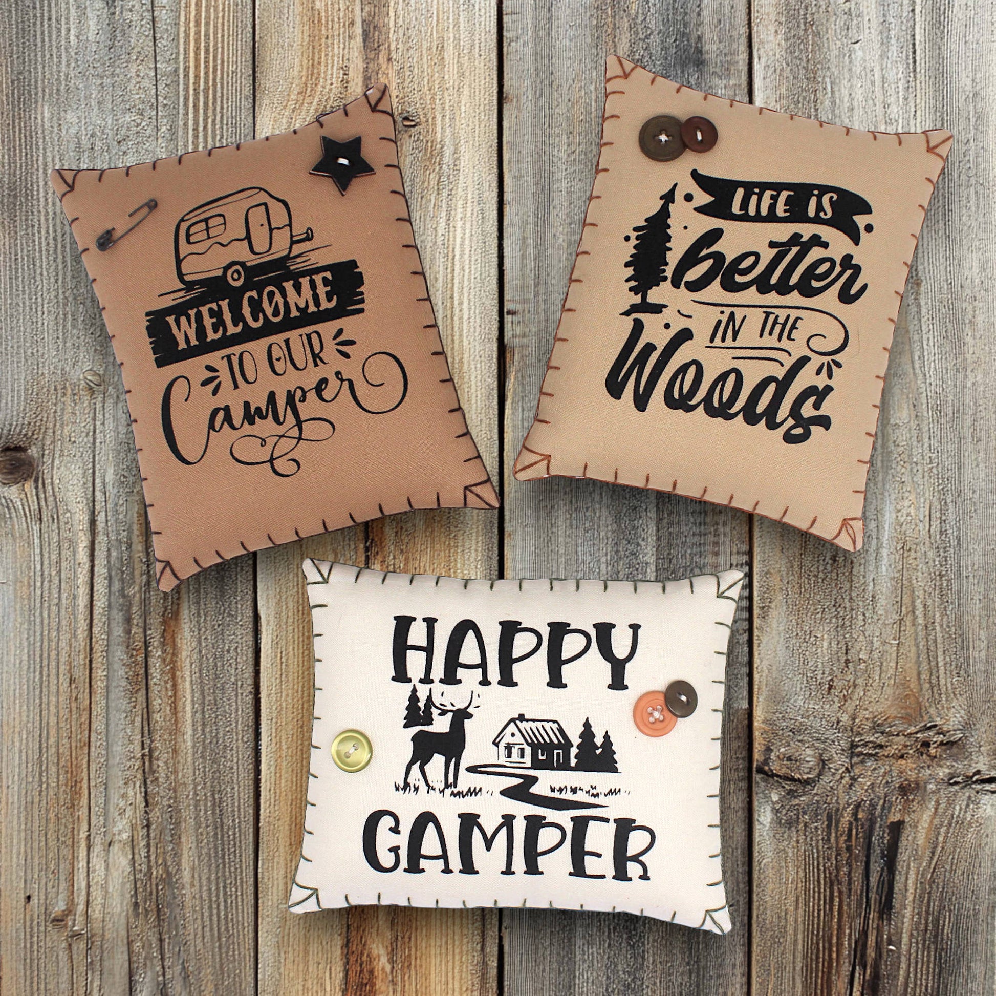 Set of three mini pillow bowl fillers with camping text and designs