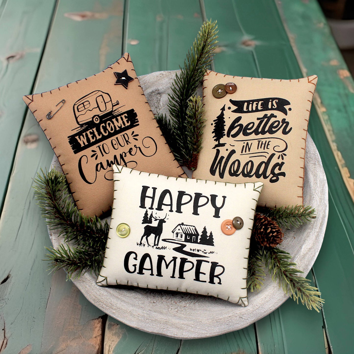 Set of three mini pillow bowl fillers with camping text and designs