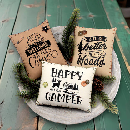 Set of three mini pillow bowl fillers with camping text and designs