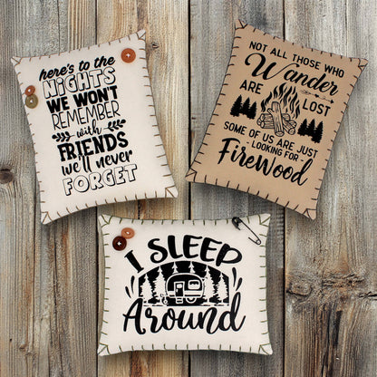 Set of three mini pillow bowl fillers with camping and friends themes