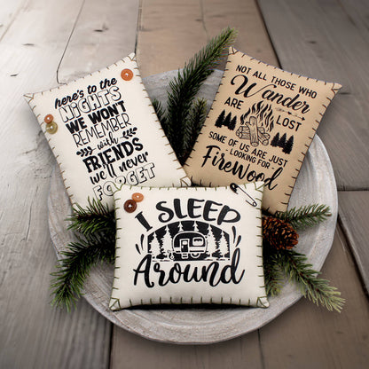 Set of three mini pillow bowl fillers with camping and friends themes