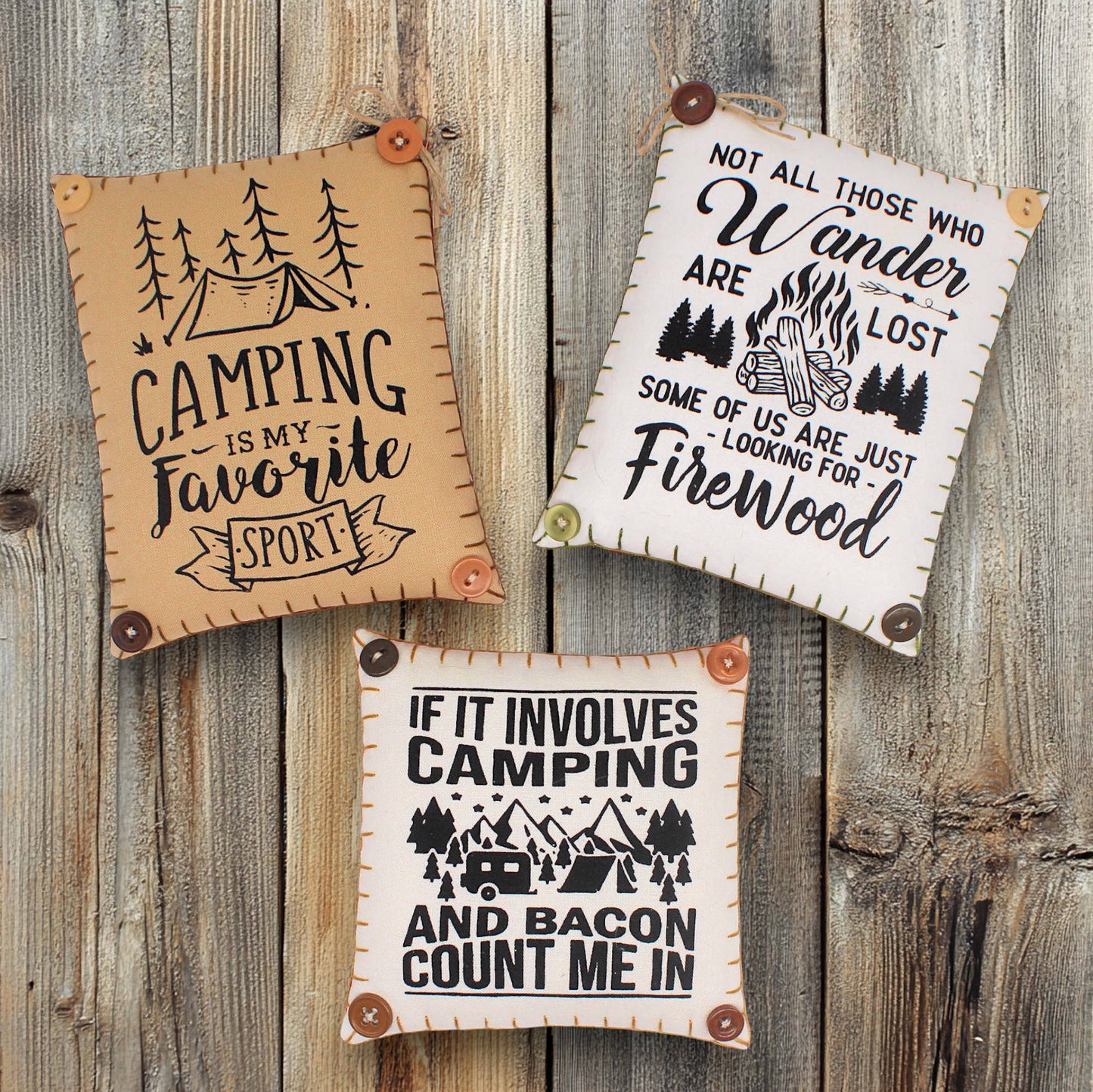 Set of three mini pillow bowl fillers with humorous quotes about camping