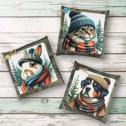 Three decorative pillows with animal illustrations wearing hats and scarves on a wooden surface.