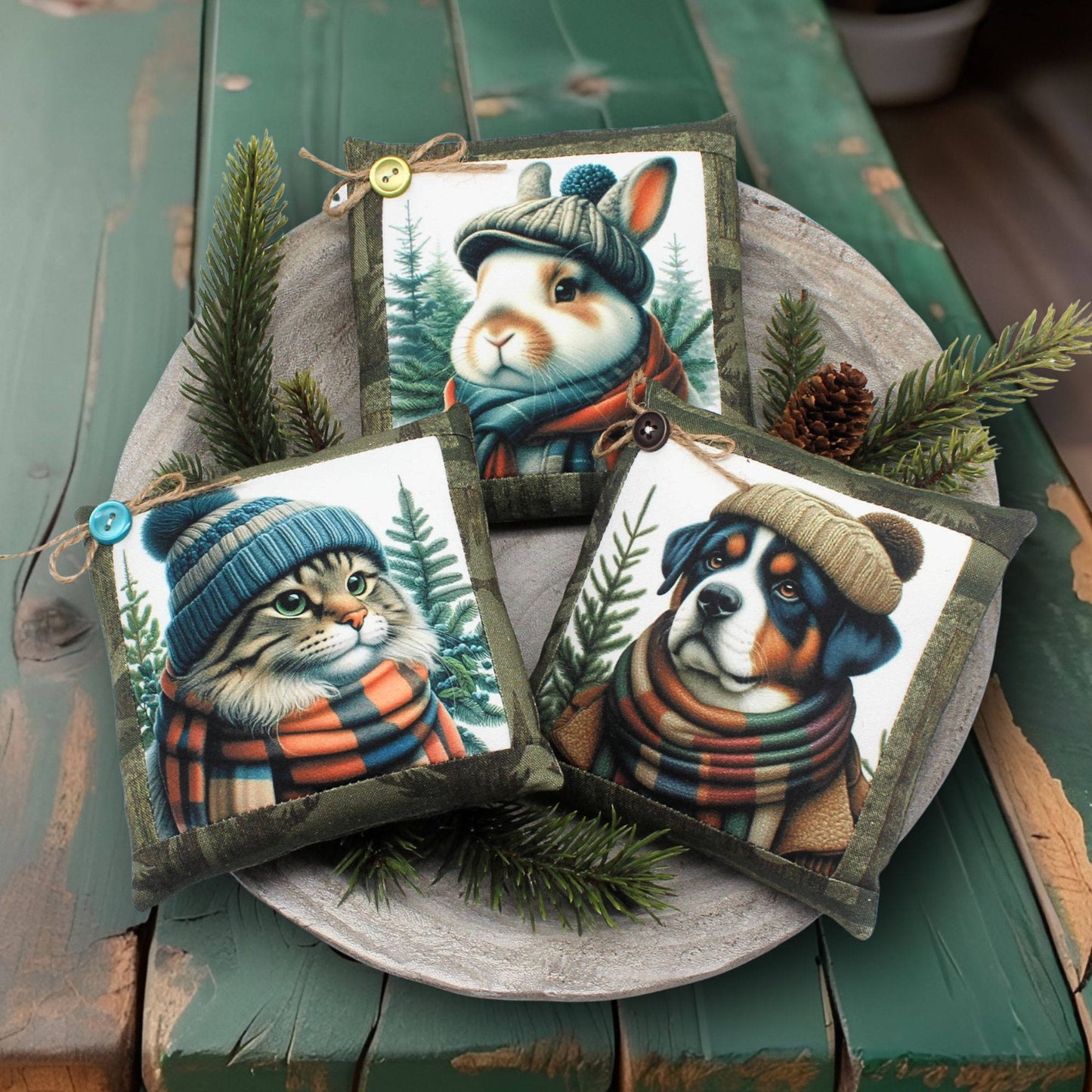 Three decorative pillows with animal illustrations wearing hats and scarves on a green surface.