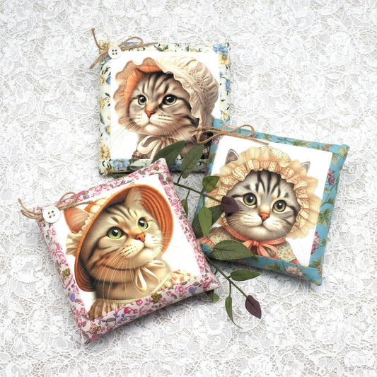 Set of three handcrafted cottagecore bowl fillers with images of kitty cats wearing bonnets