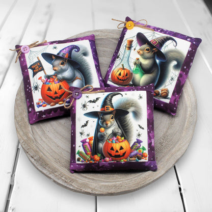 Set of three handmade miniature pillows with images of Halloween witch squirrels