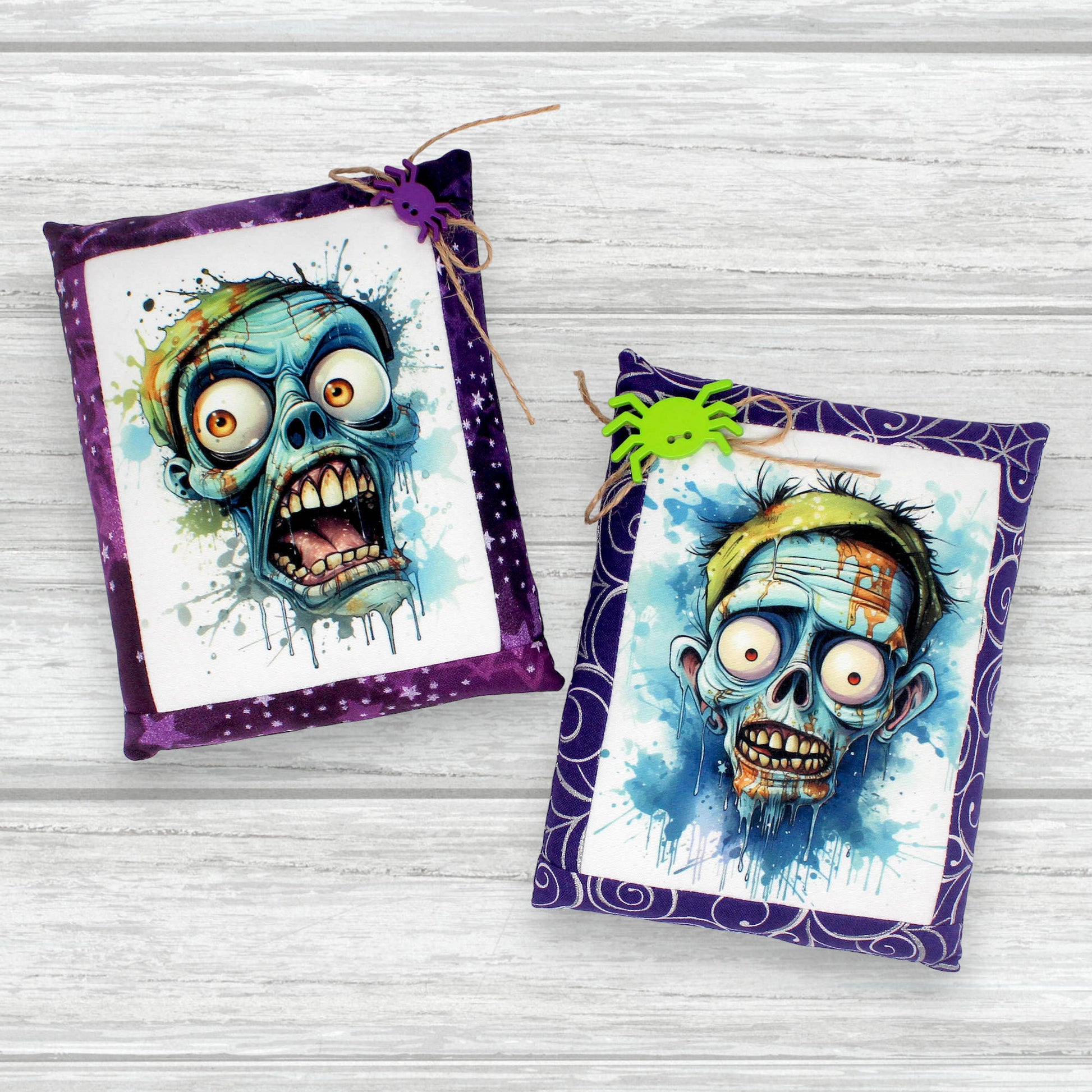 Set of two colorful funny zombies mini pillow bowl fillers for Halloween decorating