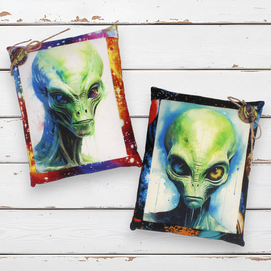Set of two mini pillow bowl fillers for Halloween with images of creepy green space aliens