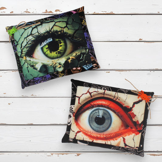 Set of two mini pillow bowl fillers for Halloween with creepy eyes images