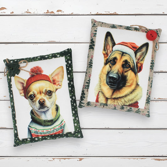 Set of two Christmas bowl filler mini pillows with images of a chihuahua and a German shepherd dressed in winter clothing
