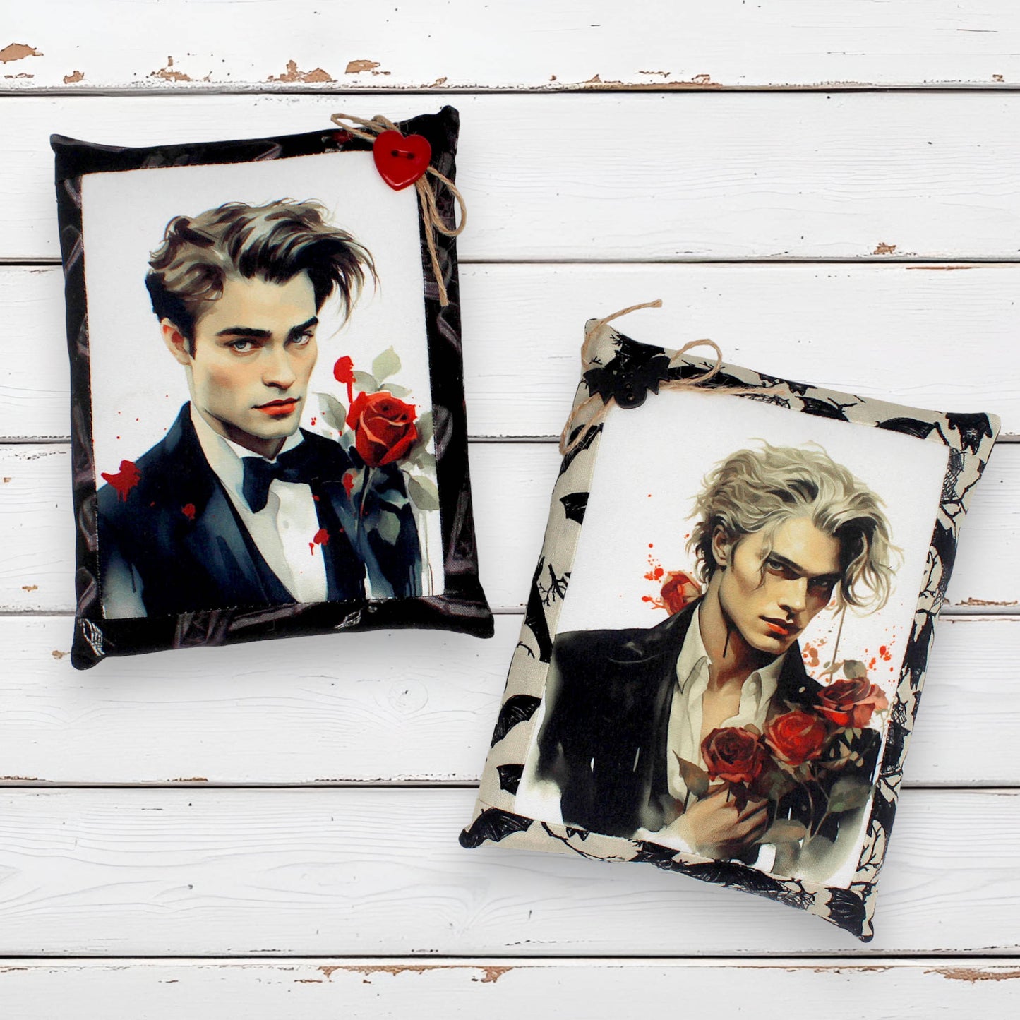 Set of two mini pillow bowl fillers for Halloween featuring handsome young vampires