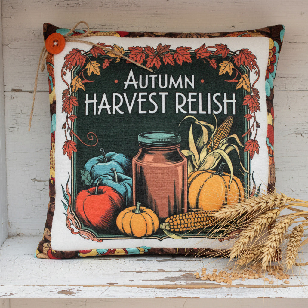 Small decorative pillow with 'Autumn Harvest Relish' design featuring pumpkins, corn, and a jar.