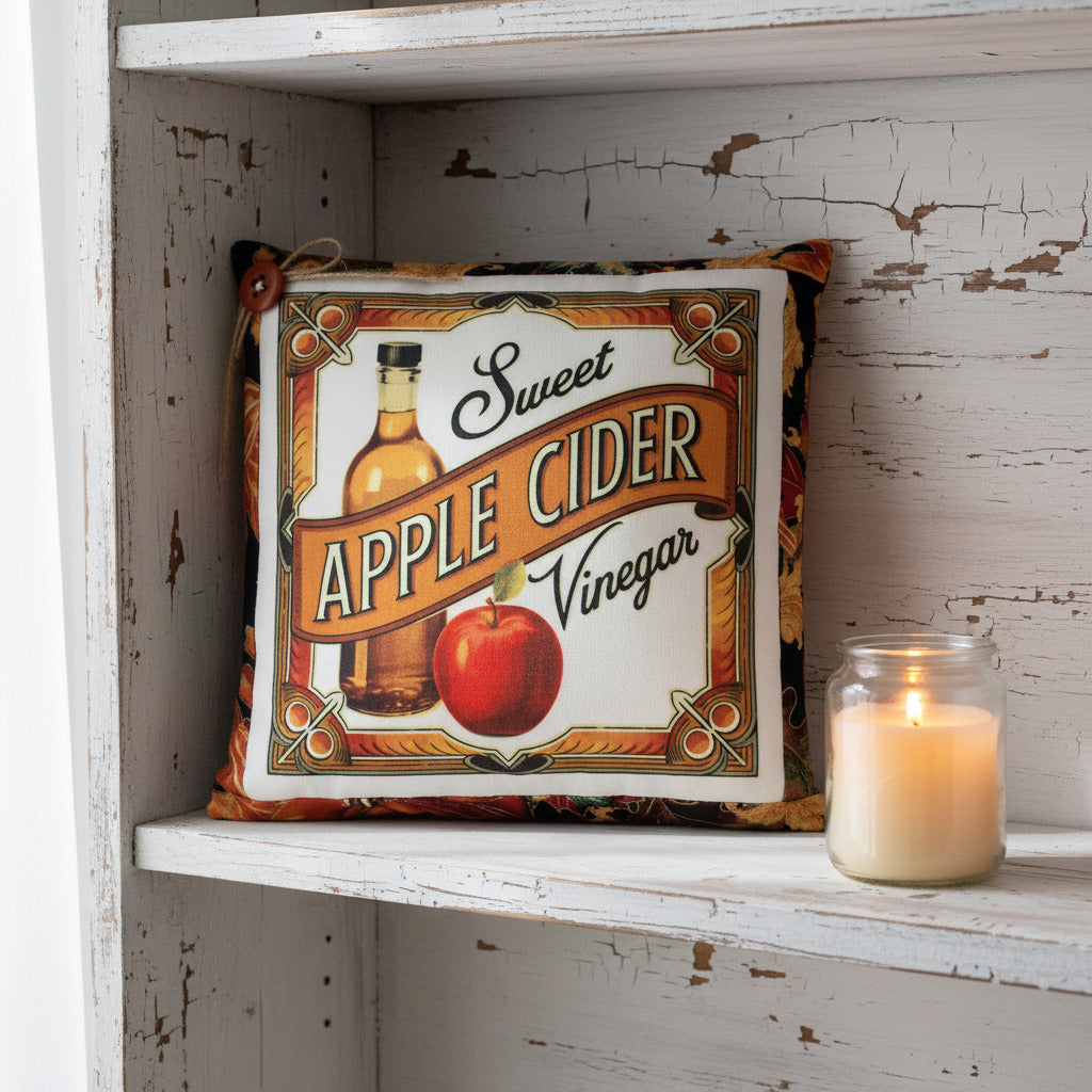 Decorative pillow with 'Sweet Apple Cider Vinegar' design on a shelf with a candle.