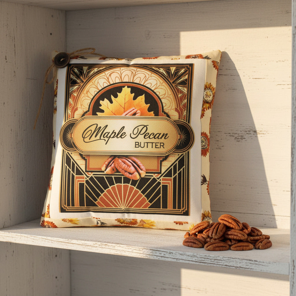 Decorative small mini pillow with an autumn maple pecan butter art deco design