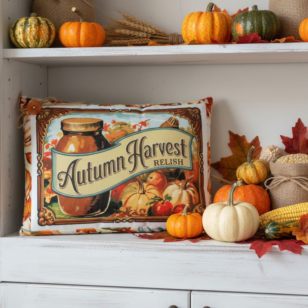 Decorative pillow with 'Autumn Harvest Relish' design featuring a jar, pumpkins, and apples.