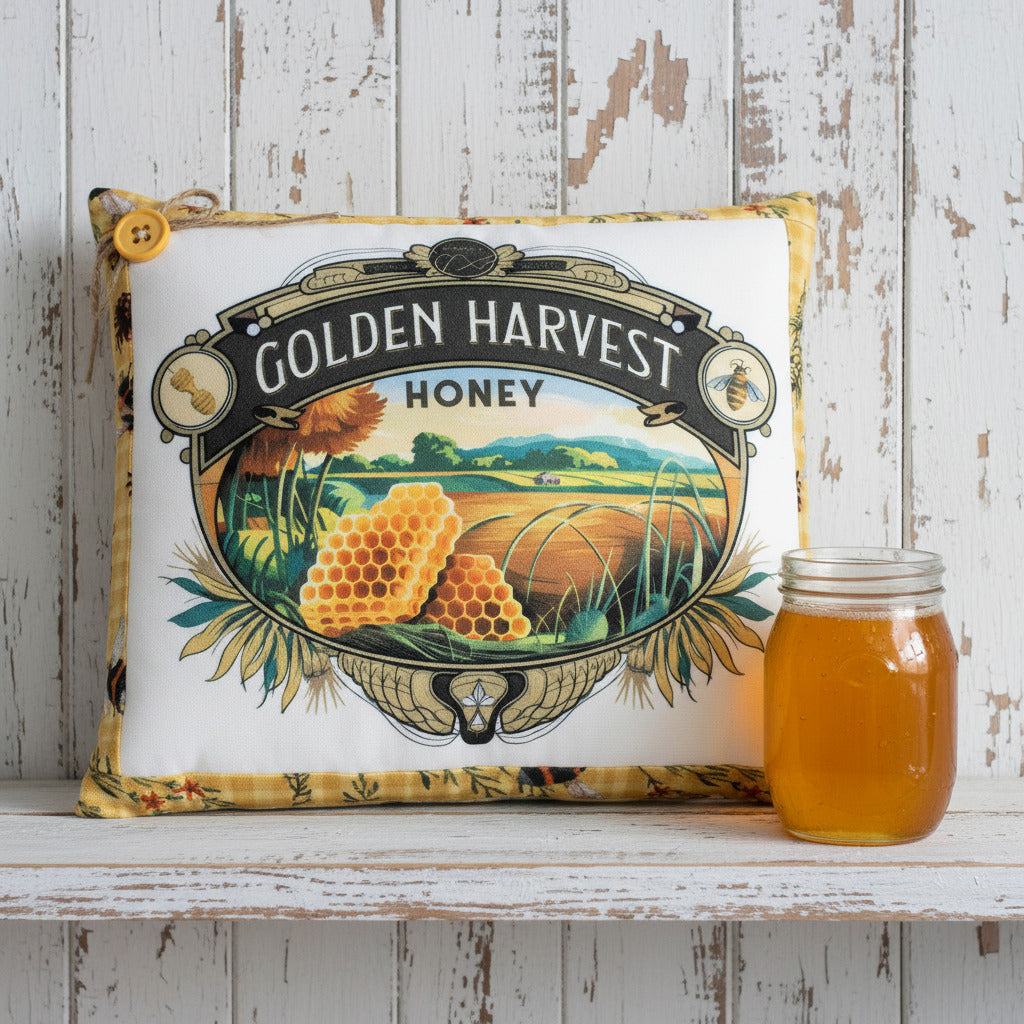 Decorative pillow with 'Golden Harvest Honey' design on a white background