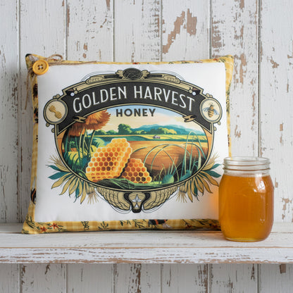 Decorative pillow with 'Golden Harvest Honey' design on a white background