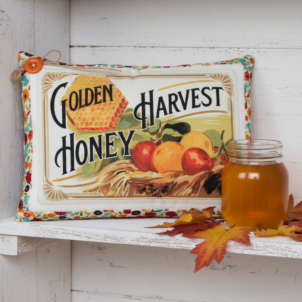 Small decorative pillow featuring a colorful golden harvest honey design
