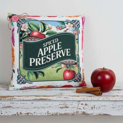 Decorative pillow with 'Spiced Apple Preserve' design on a white background
