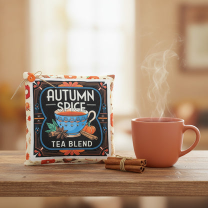 Decorative small pillow labeled 'Autumn Spice' next to a steaming mug on a wooden surface.