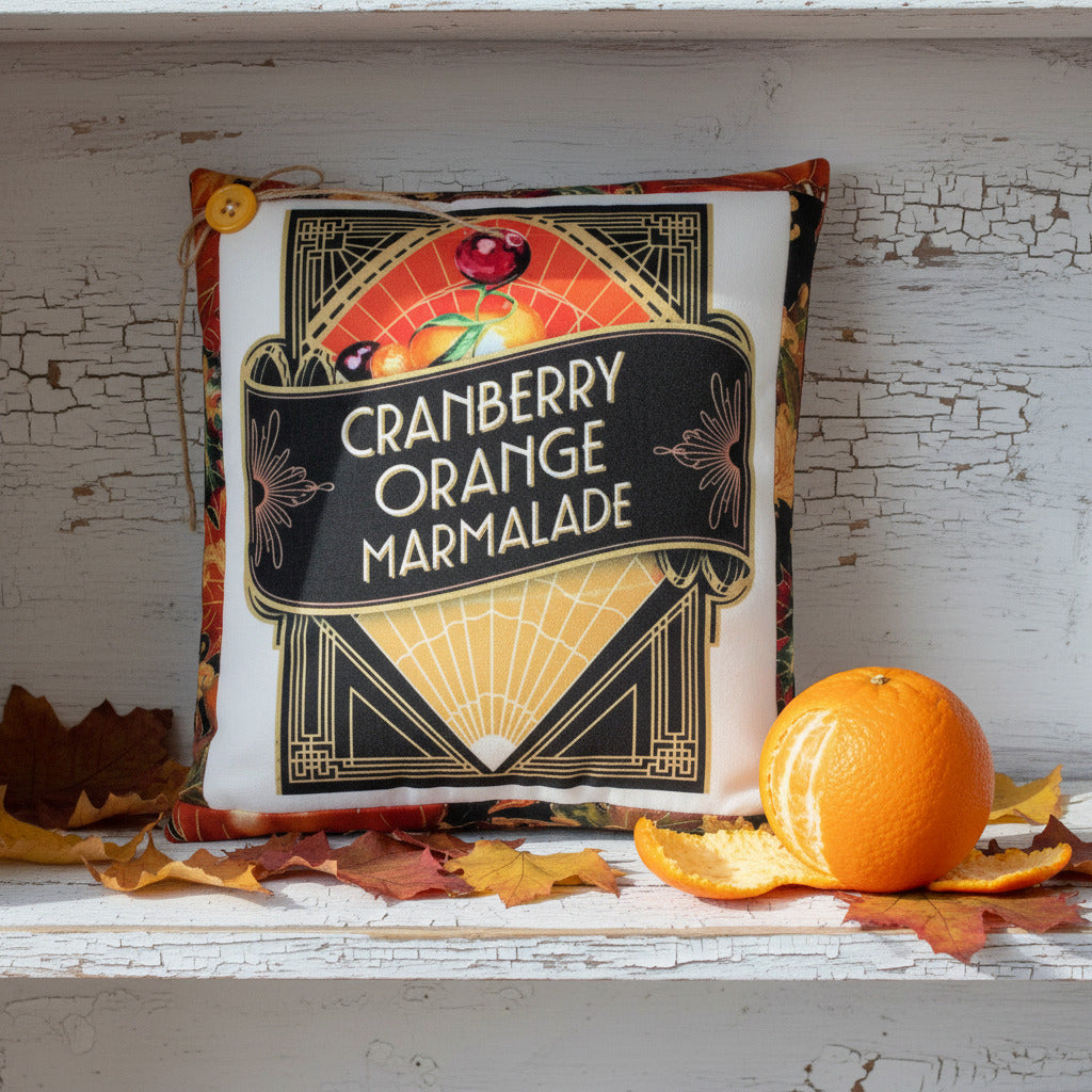 Small decorative pillow with a vintage-style art deco cranberry orange marmalade design for autumn decoratiing