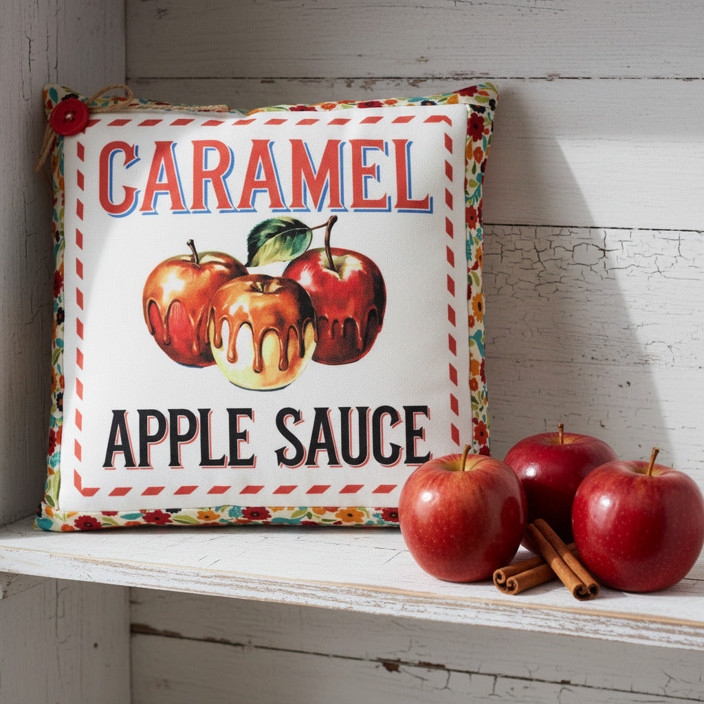 Small decorative pillow featuring a colorful caramel apple sauce design