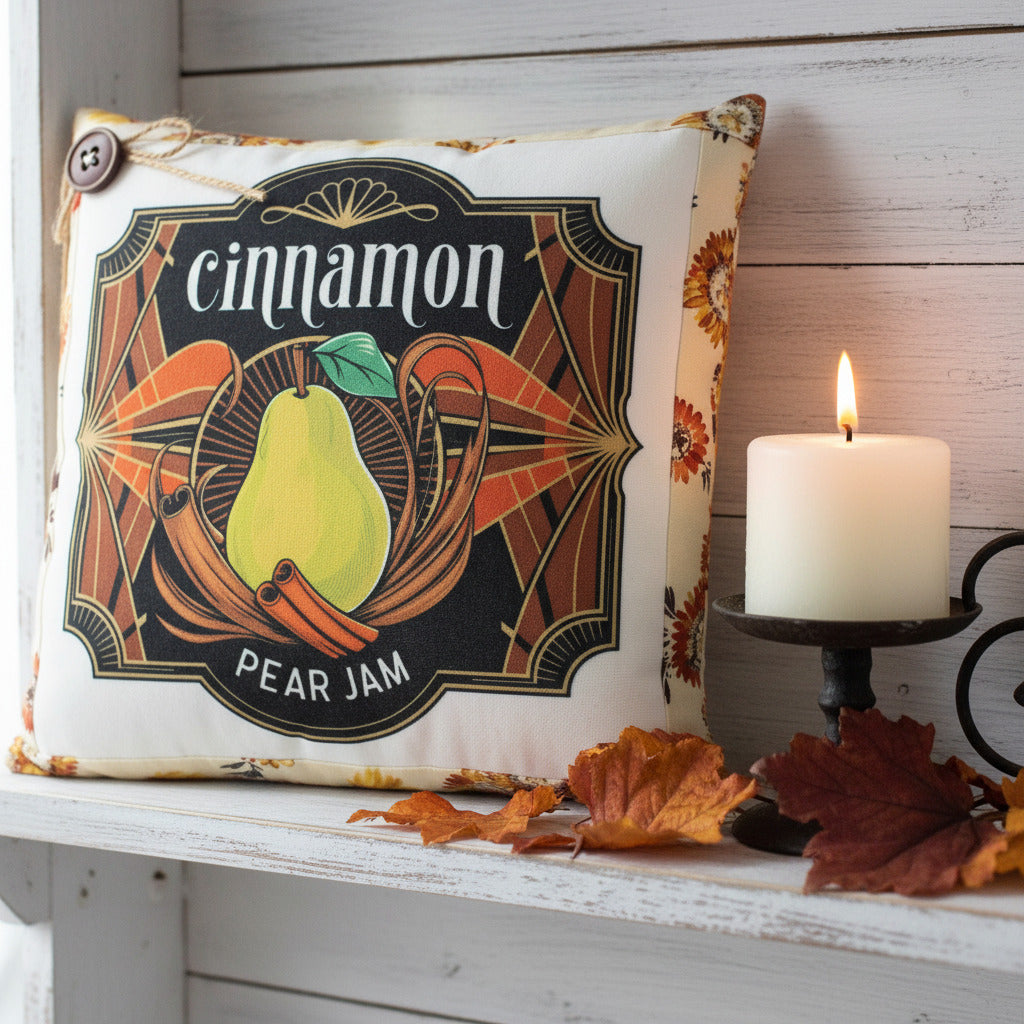 Small decorative pillow featuring a colorful art deco cinnamon pear jam design