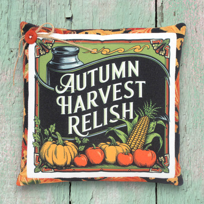 Small decorative pillow featuring a colorful autumn harvest relish design