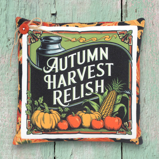 Small decorative pillow featuring a colorful autumn harvest relish design