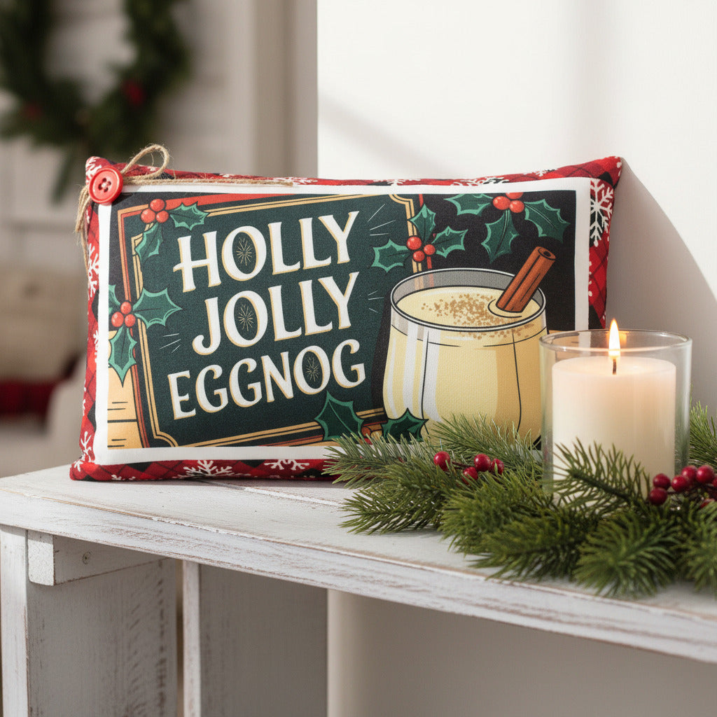 Decorative pillow with 'Holly Jolly Eggnog' text and a candle on a table.