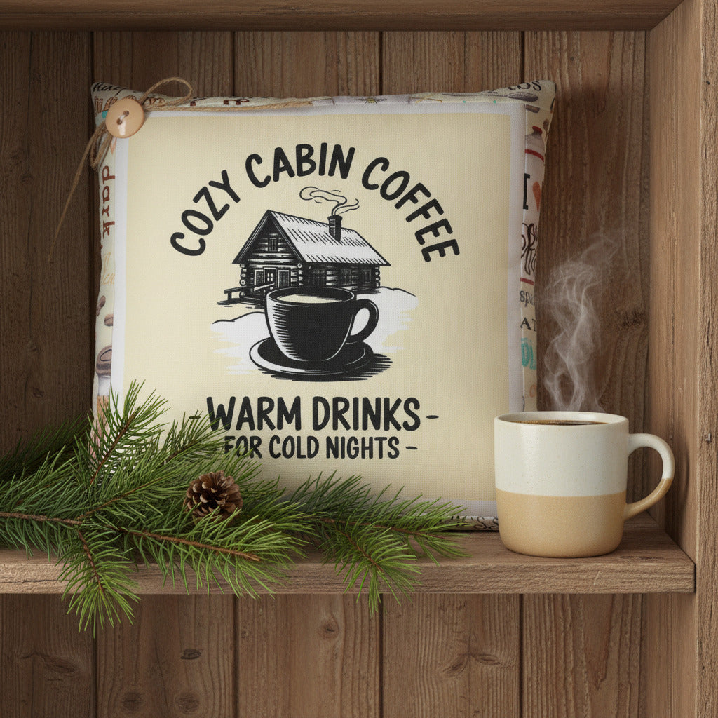 Pillow with 'Cozy Cabin Coffee' design featuring a cup of coffee and a cabin.