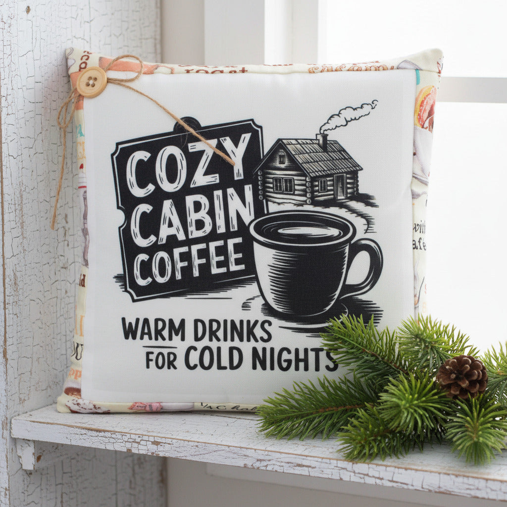 Pillow with 'Cozy Cabin Coffee' design featuring a coffee cup and cabin illustration.
