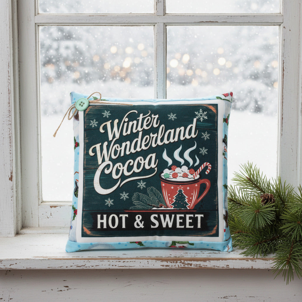 Decorative pillow with 'Winter Wonderland Cocoa Hot & Sweet' text in front of a window with snow outside.
