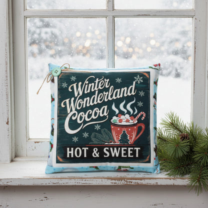 Decorative pillow with 'Winter Wonderland Cocoa Hot & Sweet' text in front of a window with snow outside.