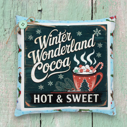Decorative pillow with 'Winter Wonderland Cocoa Hot & Sweet' text and hot chocolate illustration on a wooden background.