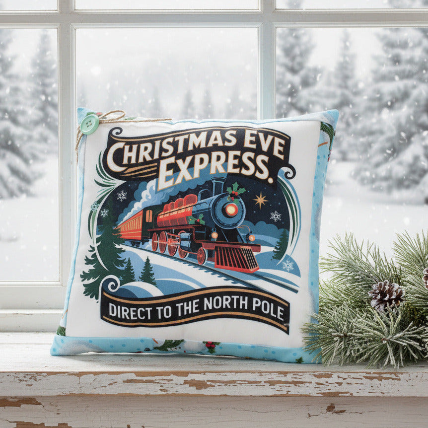 Decorative pillow with Christmas Eve Express design on a windowsill with a snowy background