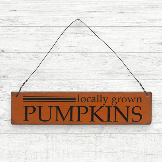 Small hanging wooden sign which reads 'Locally grown pumpkins'