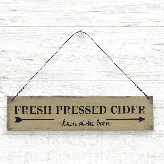 8" wooden handcrafted sign for autumn decorating that reads 'fresh pressed cider down at the barn'