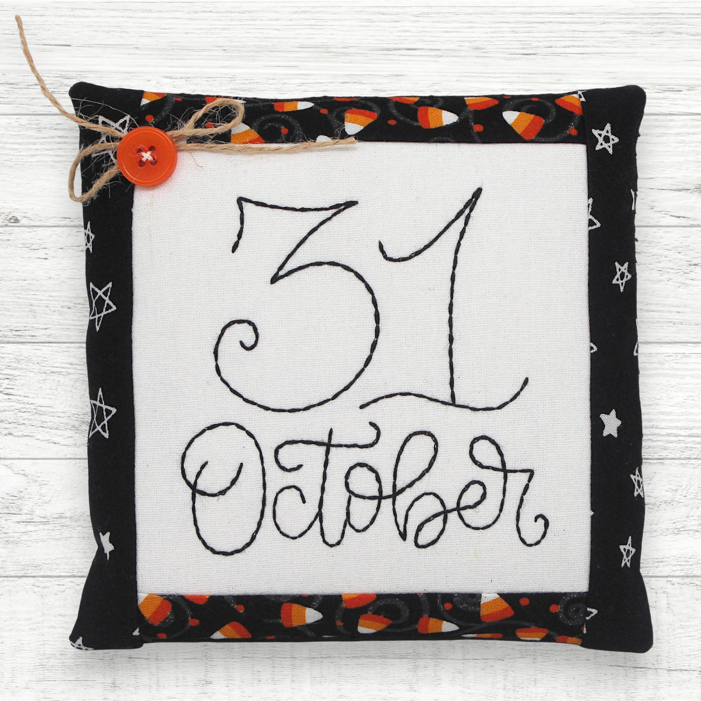 Handcrafted embroidered mini pillow or cupboard tuck, 31 October for Halloween home decorating