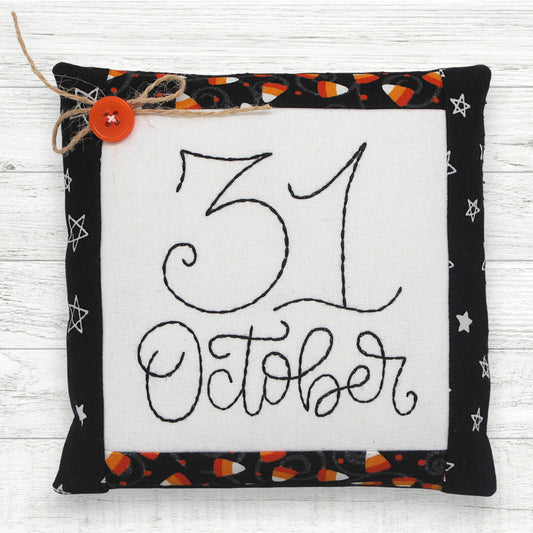 Handcrafted embroidered mini pillow or cupboard tuck, 31 October for Halloween home decorating