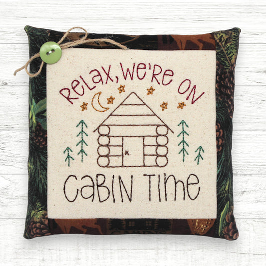 Relax we're on cabin time handcrafted embroidered mini pillow