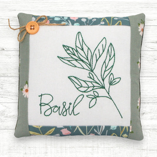 Basil kitchen herb handcrafted embroidered mini pillow