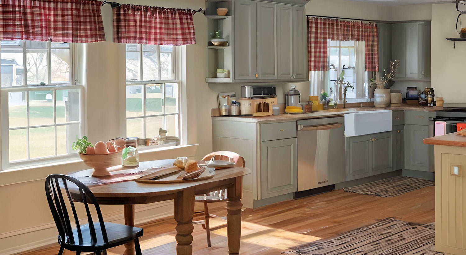 Kitchen with wooden table and chairs, gray cabinets, and a window view.