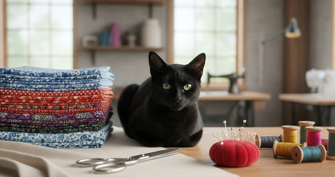 Black cat sitting on a table with sewing materials including fabric, scissors, and spools of thread.